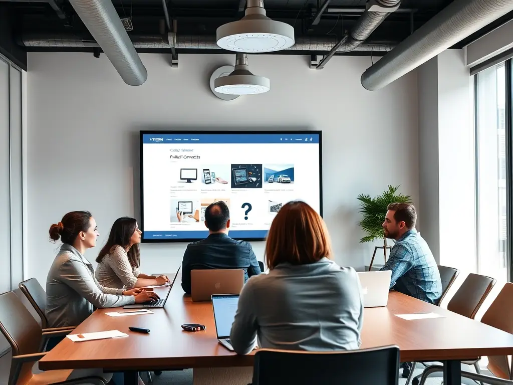 A photograph depicting a project kickoff meeting with Webmaster Workspace team members and a client, reviewing initial website design concepts and project timelines.
