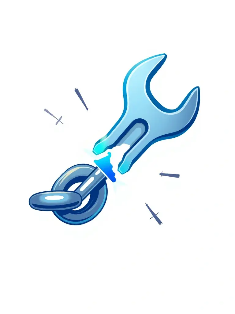 An icon depicting a broken chain link being repaired with a wrench, symbolizing Webmaster Workspace's Link Repair service.