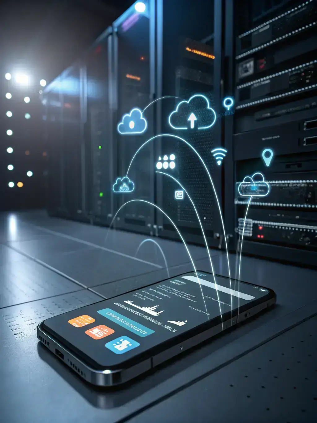 A visual representation of a mobile app integrated with various backend systems and APIs, showcasing its connectivity and data management capabilities.