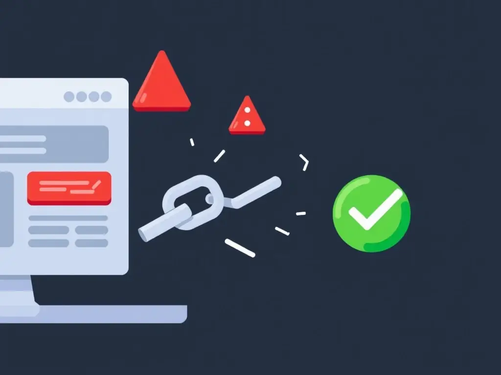 A visual representation of broken links being repaired on a website interface, symbolizing Webmaster Workspace's link repair service.