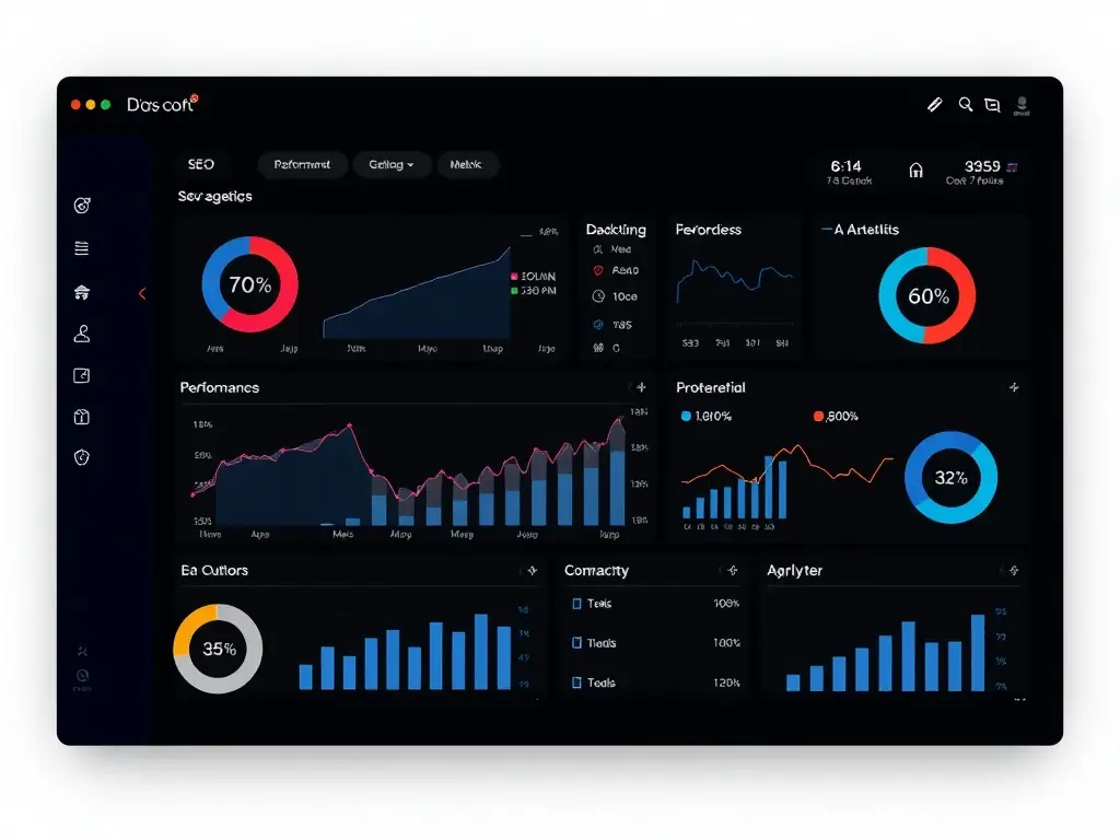 A clean, modern dashboard interface displaying SEO analysis metrics, including keyword rankings, site speed, and mobile-friendliness, used in the context of showcasing Webmaster Workspace's SEO Analysis tool.