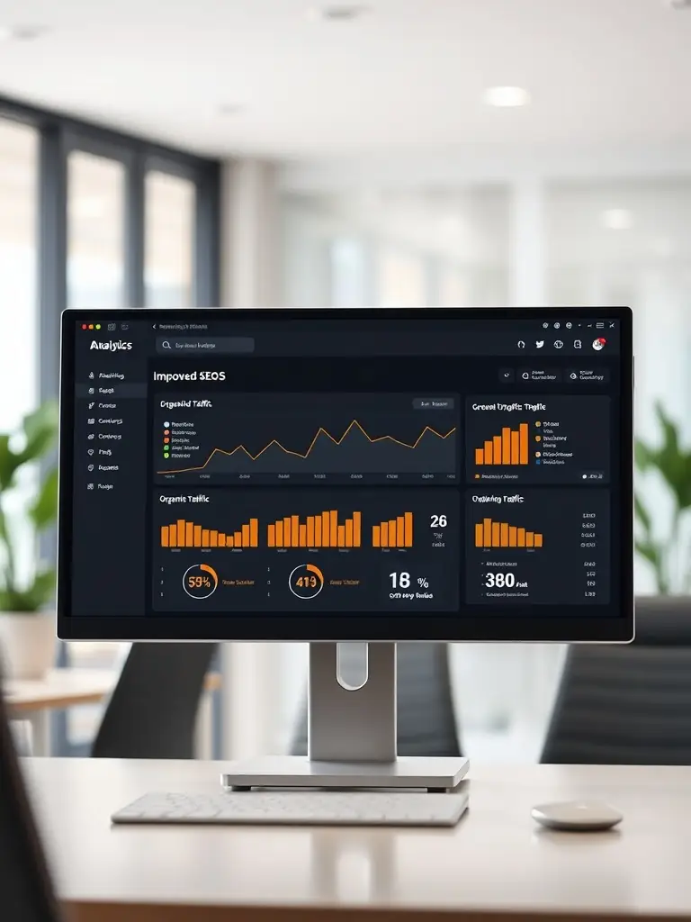 A professional dashboard displaying SEO analysis metrics, including keyword rankings, organic traffic, and backlink data, used in Webmaster Workspace's SEO Analysis service.