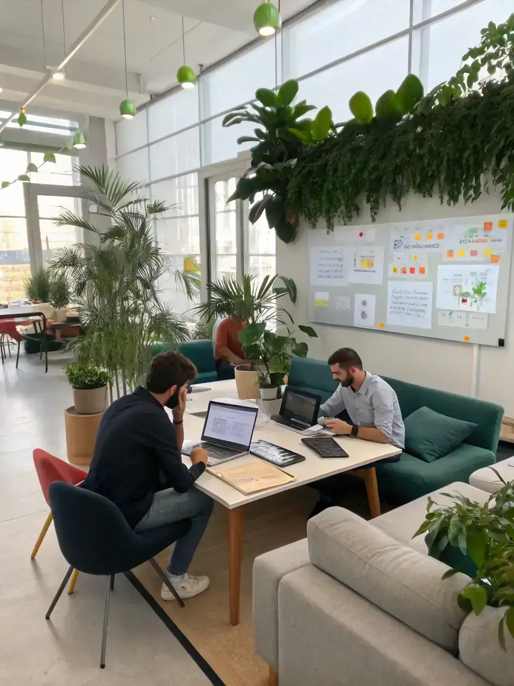 A professional photo of a team of mobile app developers collaborating on a project in a modern office setting, showcasing their expertise and teamwork.