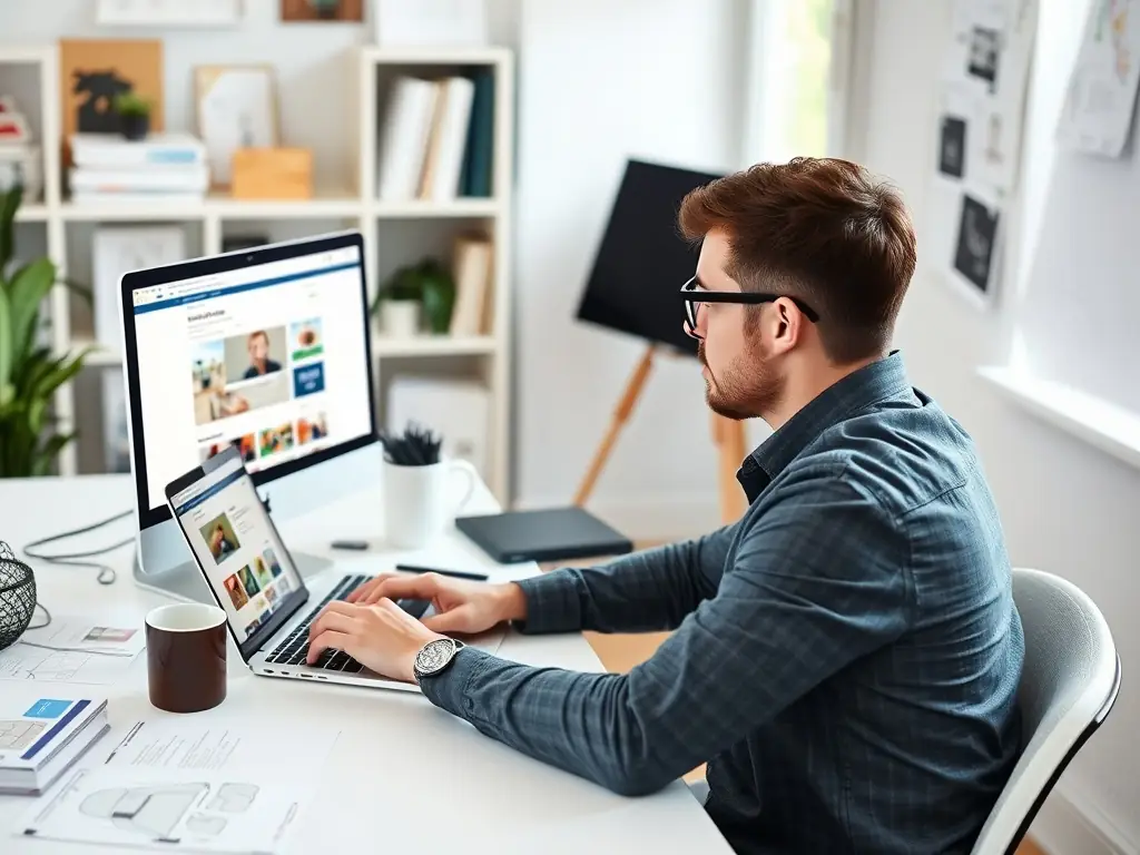 A photograph showing a Webmaster Workspace developer working on the website's front-end code, with design mockups visible on a secondary monitor.