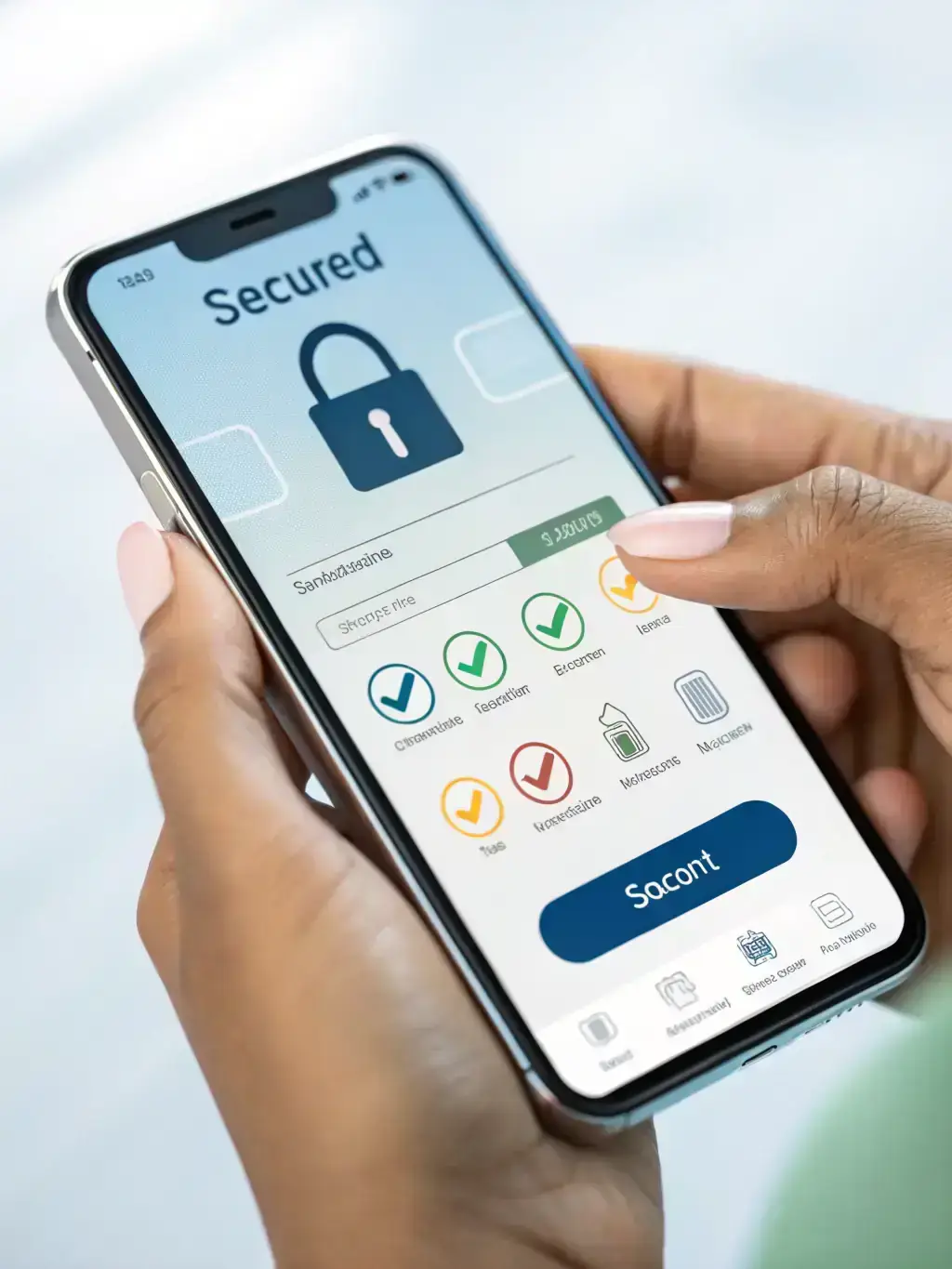 A secure mobile app interface with encryption symbols and biometric authentication options, emphasizing data protection and user privacy.