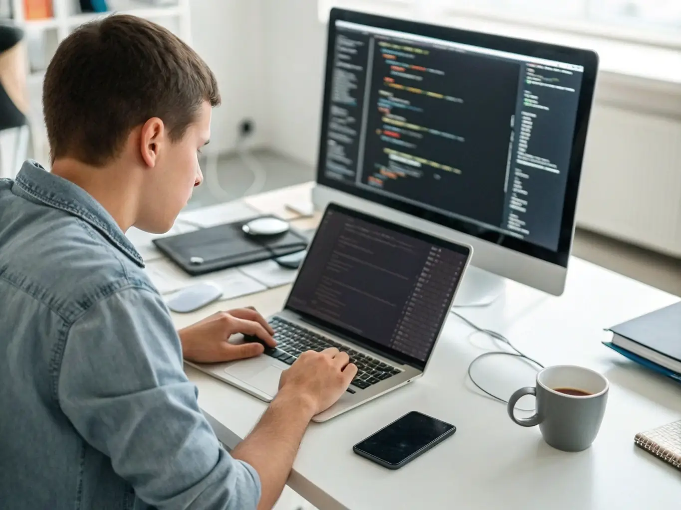 A developer working on website code, optimizing for speed and mobile-friendliness, with various technical SEO tools and dashboards displayed on multiple monitors in a focused workspace.