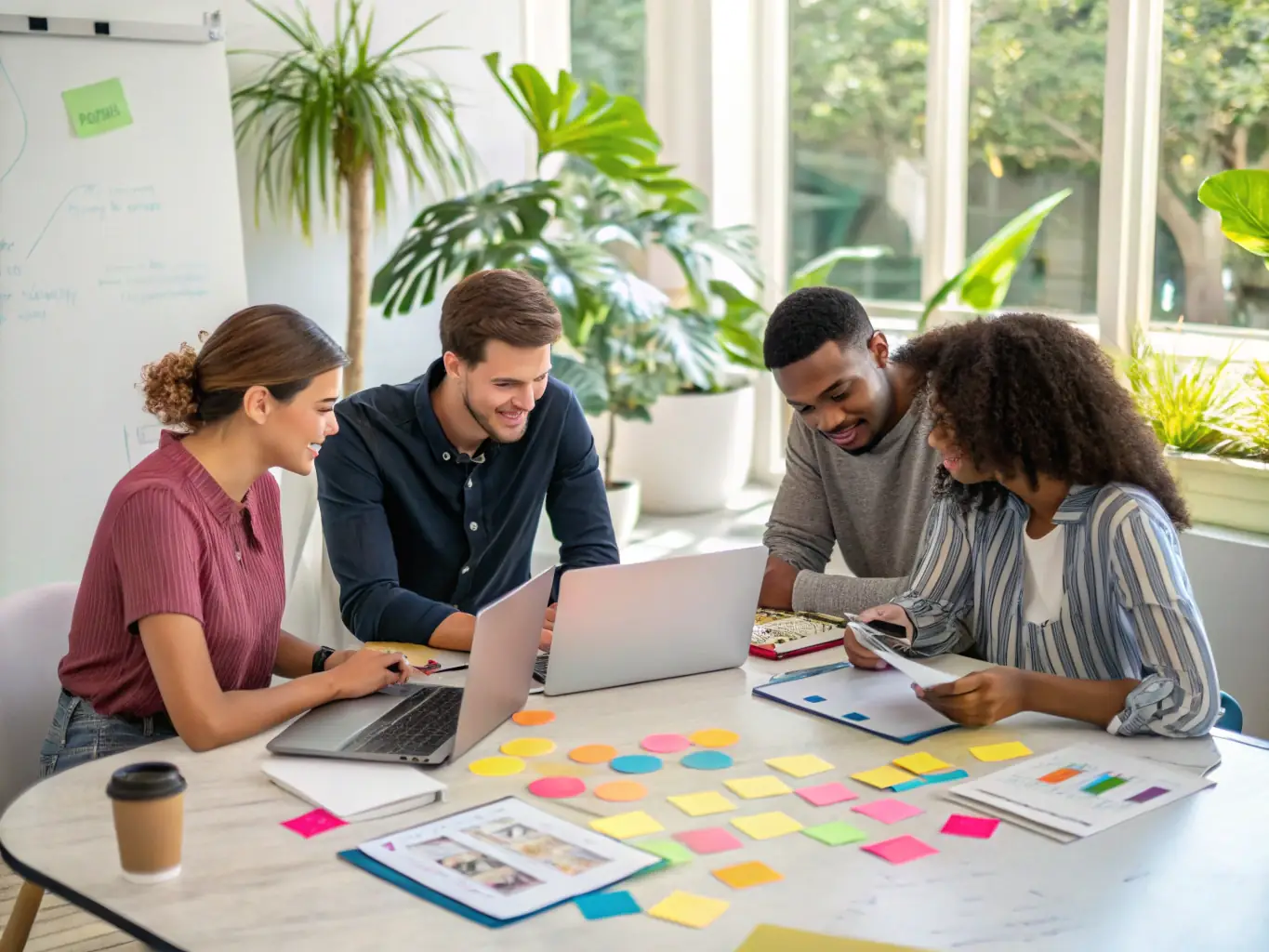A content strategist brainstorming keyword ideas with a team, using mind maps and keyword research tools on a whiteboard and laptops in a collaborative office environment.