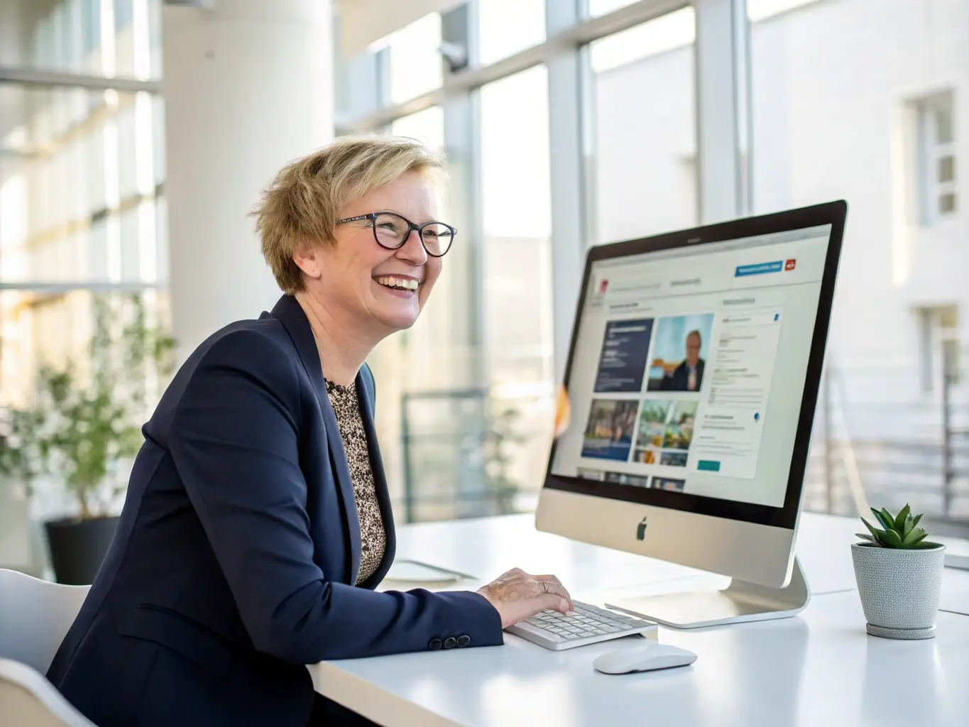 A professional auditor meticulously reviewing a website's structure and content on a large monitor, surrounded by data visualizations and SEO tools, in a brightly lit modern office setting.